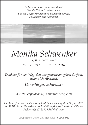 Traueranzeige von Monika Schwenker von Neue Westfälische
