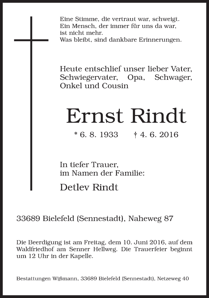  Traueranzeige für Ernst Rindt vom 07.06.2016 aus Neue Westfälische