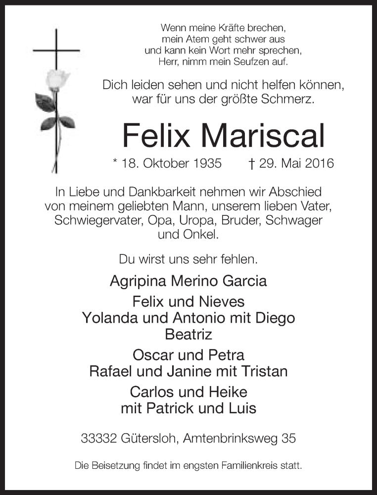  Traueranzeige für Felix Mariscal vom 01.06.2016 aus Neue Westfälische