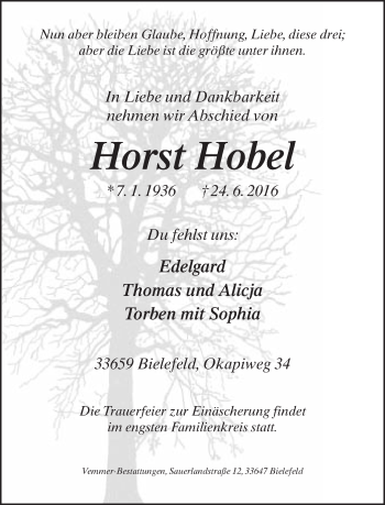 Traueranzeige von Horst Hobel von Neue Westfälische