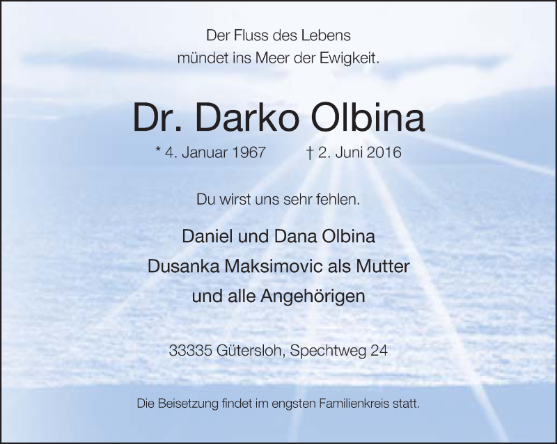  Traueranzeige für Darko Olbina vom 04.06.2016 aus Neue Westfälische