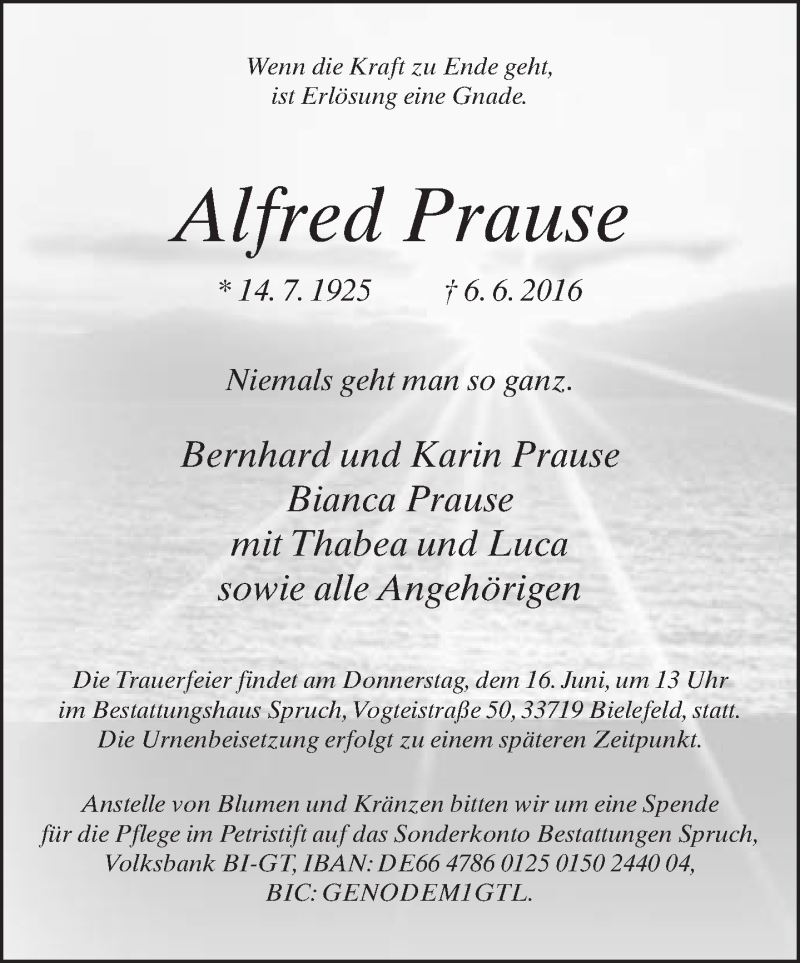  Traueranzeige für Alfred Prause vom 11.06.2016 aus Neue Westfälische