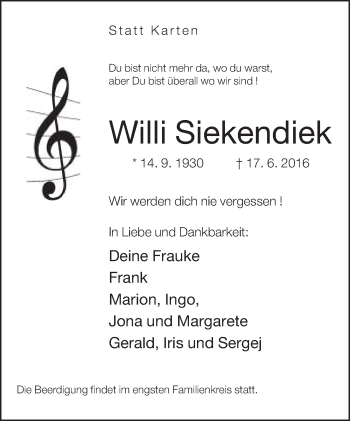 Traueranzeige von Willi Siekendiek von Neue Westfälische