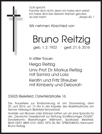 Traueranzeige von Bruno Reitzig von Neue Westfälische