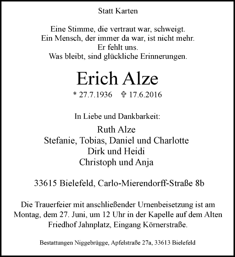  Traueranzeige für Erich Alze vom 22.06.2016 aus Neue Westfälische