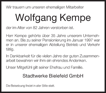 Traueranzeige von Wolfgang Kempe von Neue Westfälische