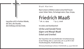 Traueranzeige von Friedrich Maaß von Neue Westfälische