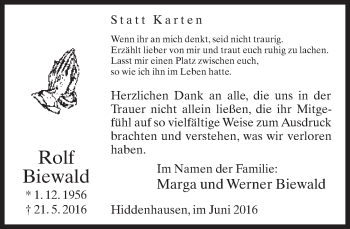 Traueranzeige von Rolf Biewald von Neue Westfälische