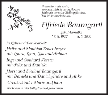 Traueranzeige von Elfriede Baumgartl von Neue Westfälische