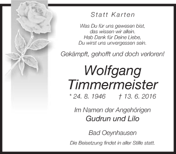 Traueranzeige von Wolfgang Timmermeister von Neue Westfälische