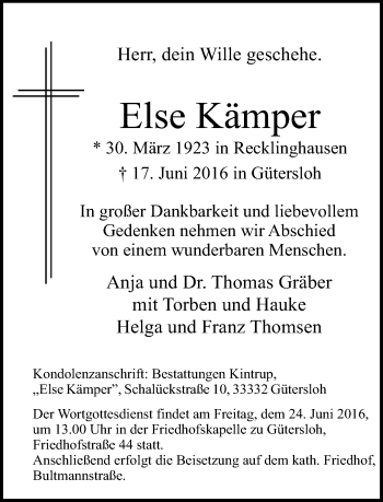 Traueranzeige von Else Kämper von Neue Westfälische