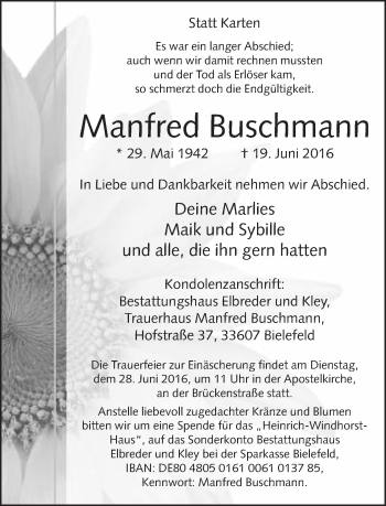 Traueranzeige von Manfred Buschmann von Neue Westfälische