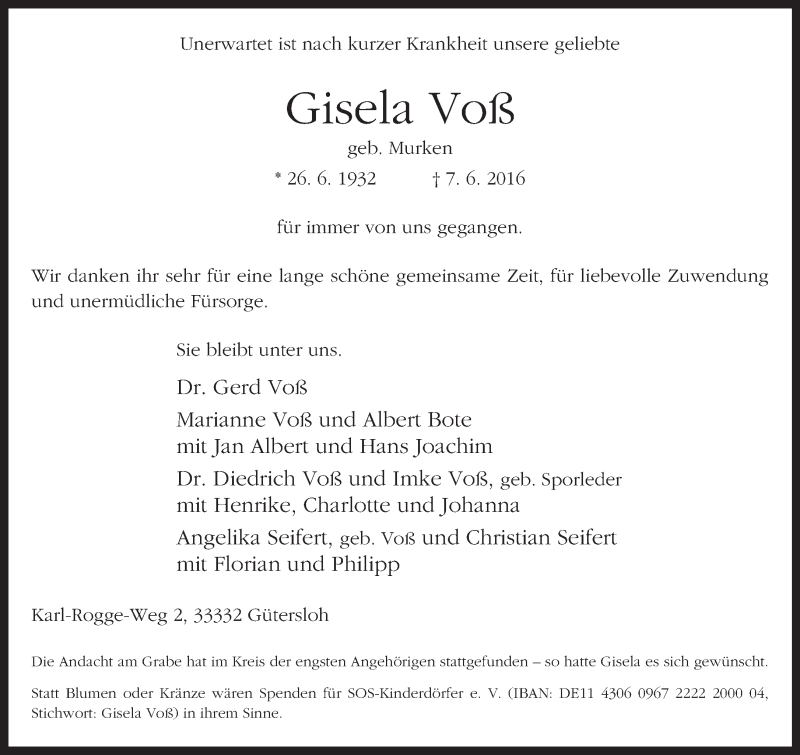  Traueranzeige für Gisela Voß vom 11.06.2016 aus Neue Westfälische