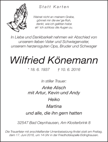 Traueranzeige von Wilfried Könemann von Neue Westfälische