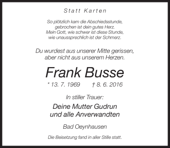 Traueranzeige von Frank Busse von Neue Westfälische