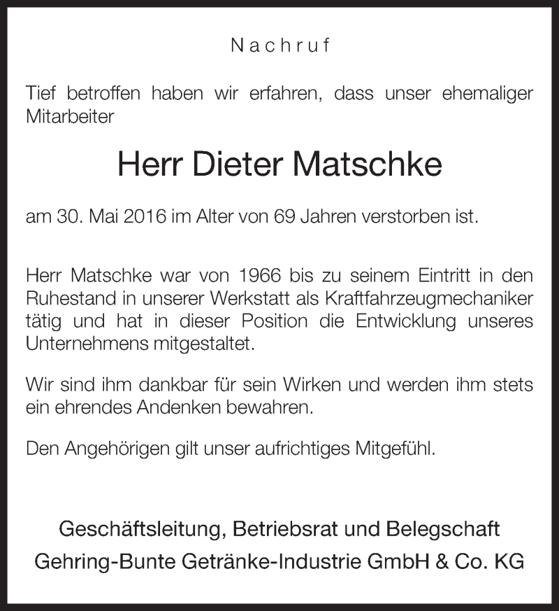  Traueranzeige für Dieter Matschke vom 04.06.2016 aus Neue Westfälische