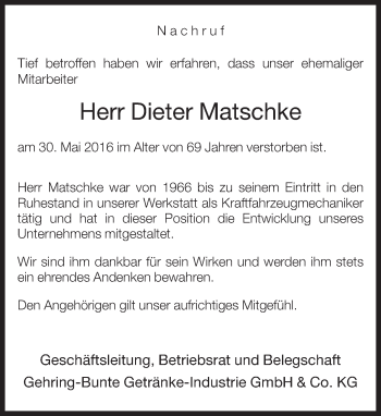 Traueranzeige von Dieter Matschke von Neue Westfälische