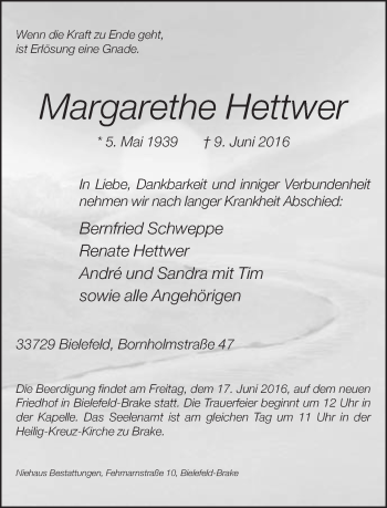 Traueranzeige von Margarethe Hettwer von Neue Westfälische