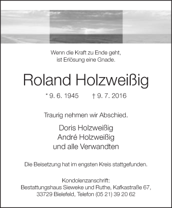 Traueranzeige von Roland Holzweißig von Neue Westfälische