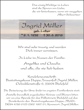 Traueranzeige von Ingrid Müller von Neue Westfälische