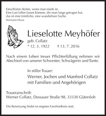 Traueranzeige von Lieselotte Meyhöfer von Neue Westfälische