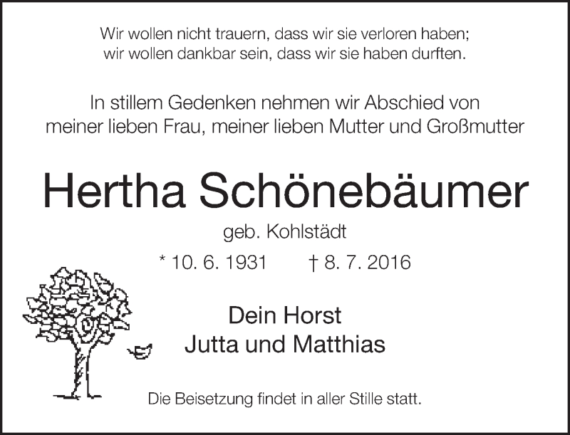  Traueranzeige für Hertha Schönebäumer vom 16.07.2016 aus Neue Westfälische