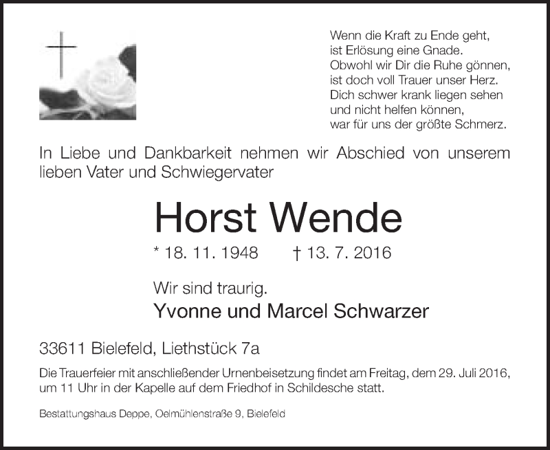  Traueranzeige für Horst Wende vom 23.07.2016 aus Neue Westfälische