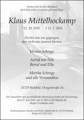 Traueranzeige von Klaus Mittelhockamp von Neue Westfälische