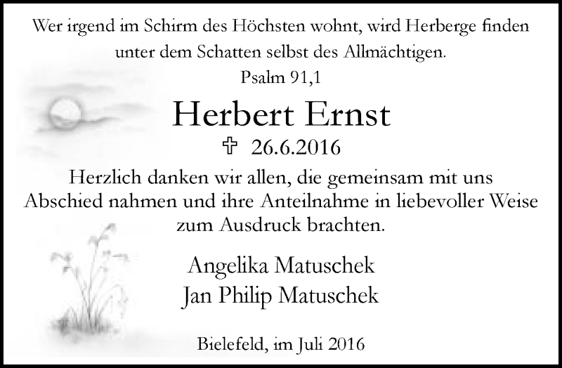  Traueranzeige für Herbert Ernst vom 16.07.2016 aus Neue Westfälische