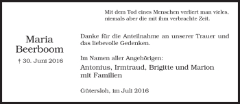 Traueranzeige von Maria Beerboom von Neue Westfälische
