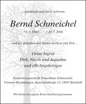 Traueranzeige von Bernd Schmeichel von Neue Westfälische