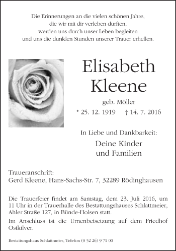 Traueranzeige von Elisabeth Kleene von Neue Westfälische