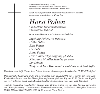 Traueranzeige von Horst Polten von Neue Westfälische