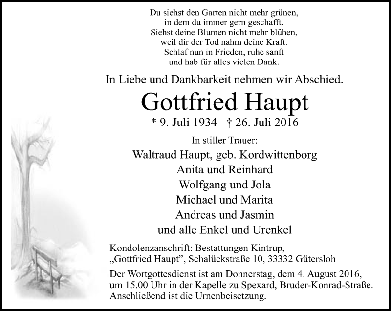 Traueranzeige für Gottfried Haupt vom 30.07.2016 aus Neue Westfälische