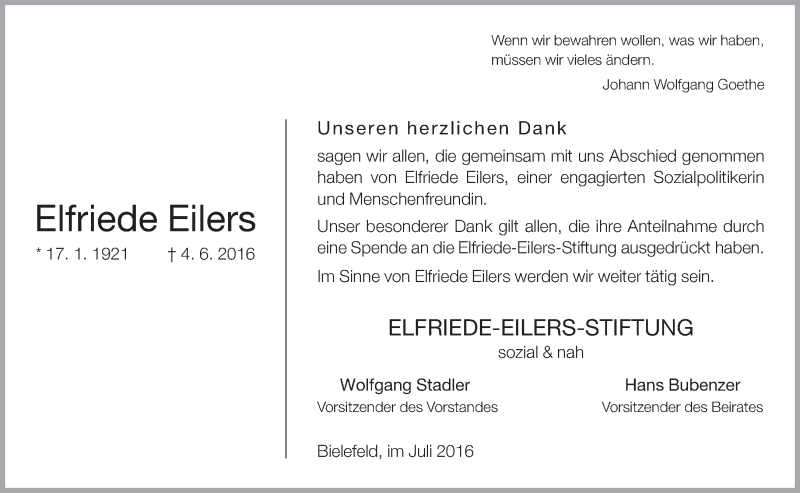  Traueranzeige für Elfriede Eilers vom 09.07.2016 aus Neue Westfälische