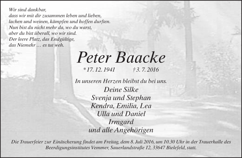  Traueranzeige für Peter Baacke vom 05.07.2016 aus Neue Westfälische