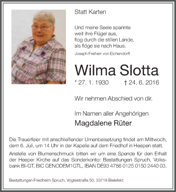 Traueranzeige von Wilma Slotta von Neue Westfälische