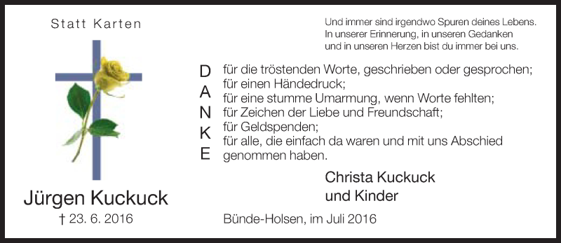  Traueranzeige für Jürgen Kuckuck vom 23.07.2016 aus Neue Westfälische