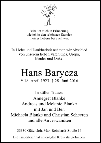 Traueranzeige von Hans Barycza von Neue Westfälische