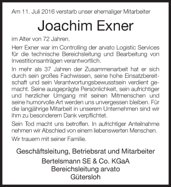 Traueranzeige von Joachim Exner von Neue Westfälische