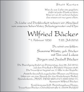 Traueranzeige von Wilfried Bäcker von Neue Westfälische