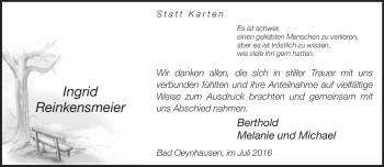 Traueranzeige von Ingrid Reinkensmeier von Neue Westfälische