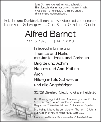 Traueranzeige von Alfred Barndt von Neue Westfälische
