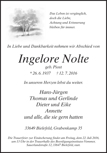 Traueranzeige von Ingelore Nolte von Neue Westfälische