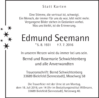 Traueranzeige von Edmund Seemann von Neue Westfälische