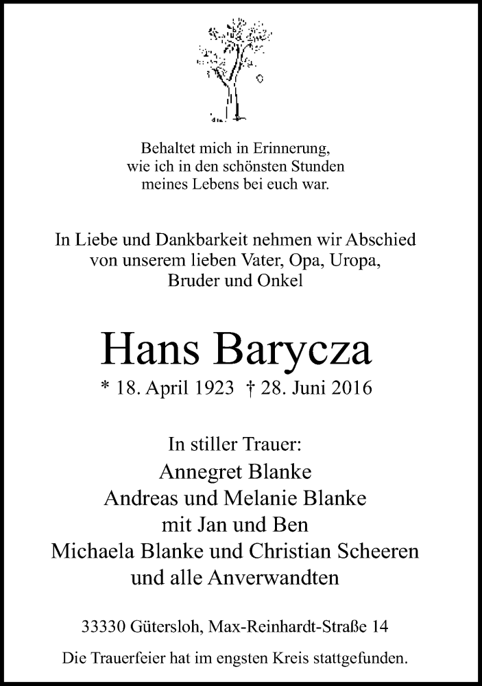  Traueranzeige für Hans Barycza vom 06.07.2016 aus Neue Westfälische