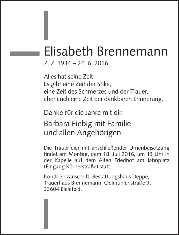  Traueranzeige für Elisabeth Brennemann vom 09.07.2016 aus Neue Westfälische