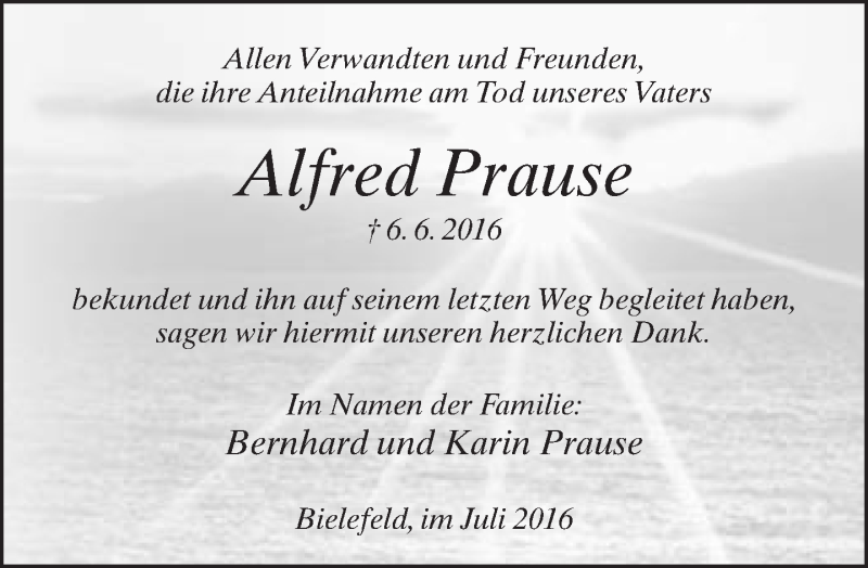  Traueranzeige für Alfred Prause vom 30.07.2016 aus Neue Westfälische