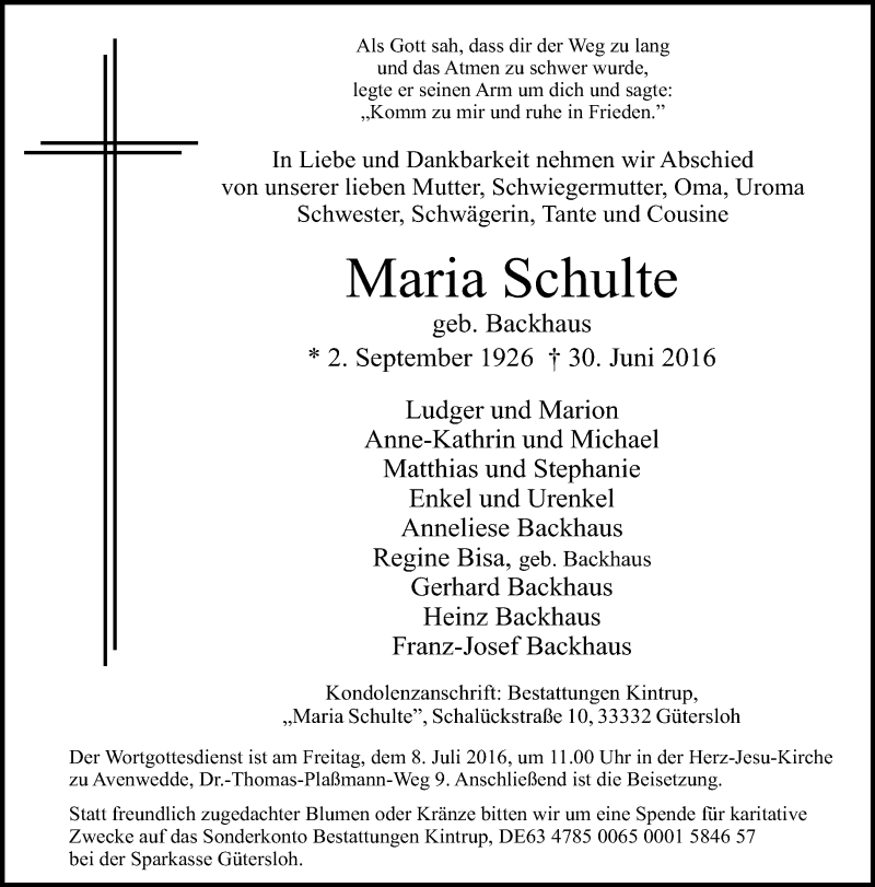  Traueranzeige für Maria Schulte vom 04.07.2016 aus Neue Westfälische