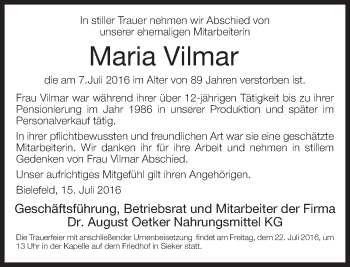 Traueranzeige von Maria Vilmar von Neue Westfälische